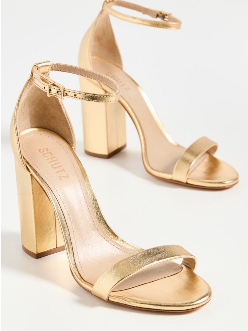 Schutz Cadey Lee gold block sandals heels metallic leather ankle strap size 9.5